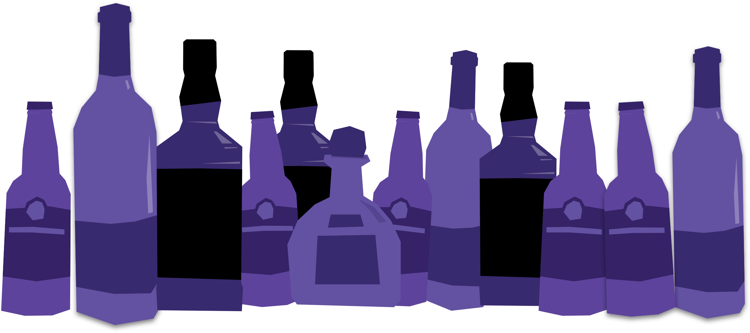 Drawings of bottles of beer, wine and spirits